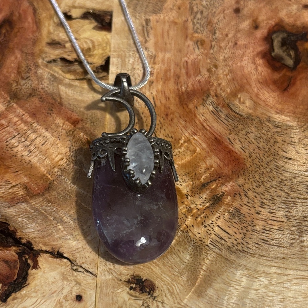 Amethyst and Moonstone Silver Pendant Necklace - Purple